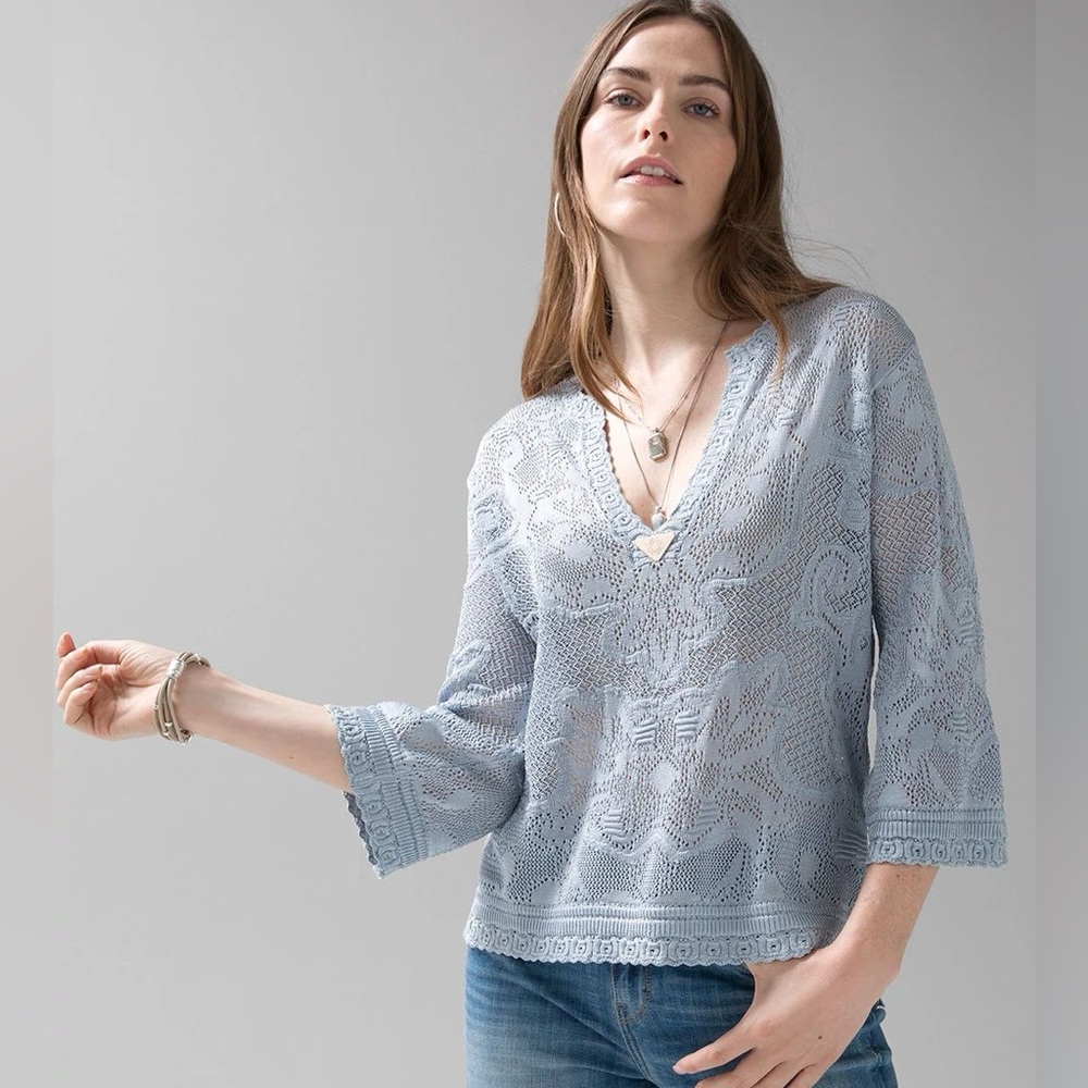 Pointelle Stitch 3/4 Sleeve Sweater Beach Coverup Pool Resort Vacation Baby Blue
